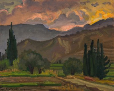 Corinthian Landscape: Cypresses, Olive Trees, Mountains, Sunset — Oil painting, Fiberboard, 40.00×50.00cm — Theodoros Markellos